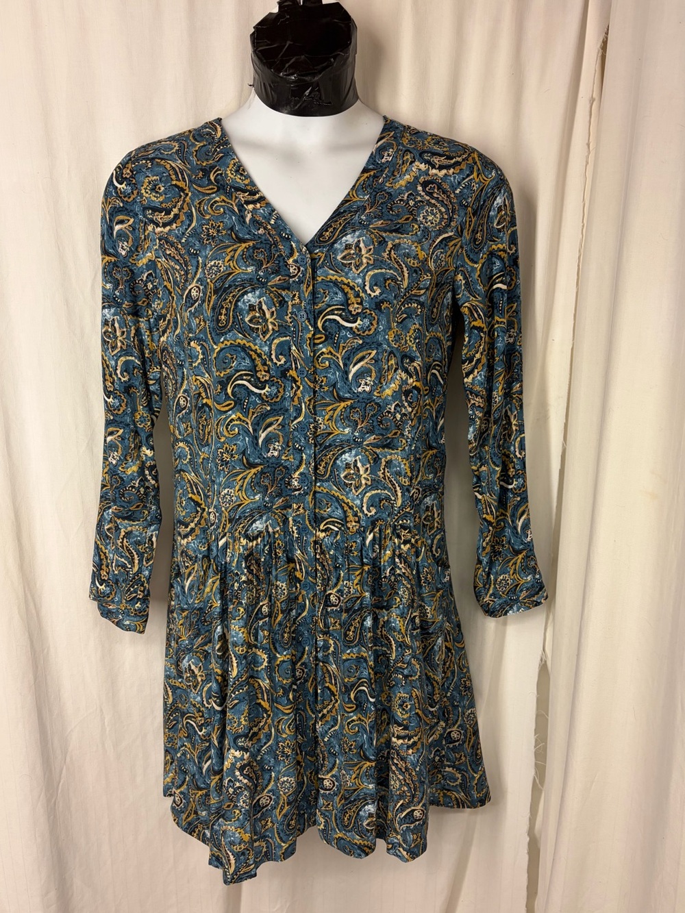 Garnet Hill 8 Paisley Blue Gold Button Front Pockets Rayon Dress Fall Pics Lined